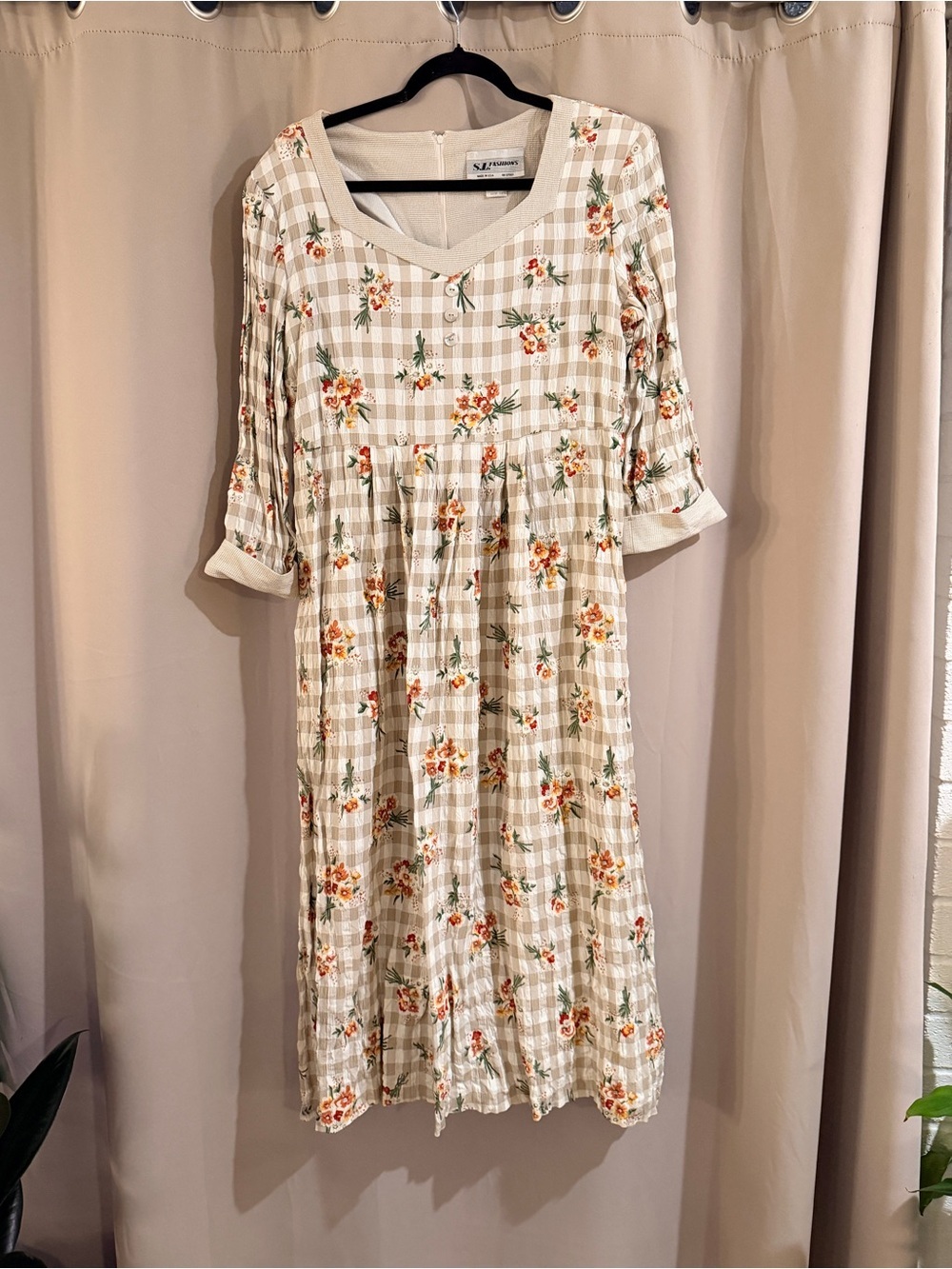 S.L. fashions Vintage Floral Plaid Midi Dress in Cream and Orange